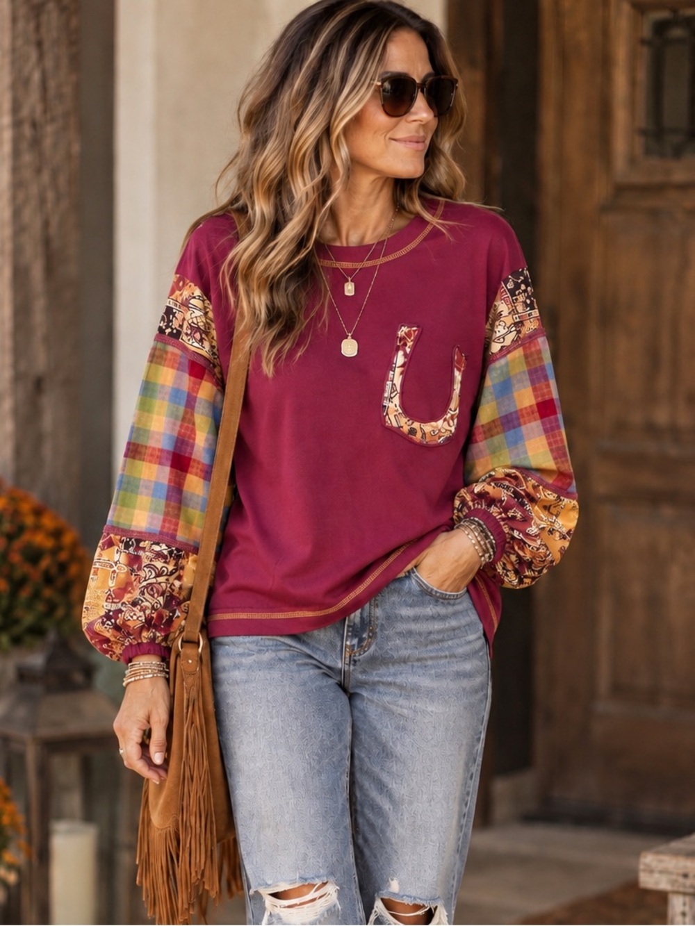 Easel Boho Mixed Media Patchwork Sleeve Top S